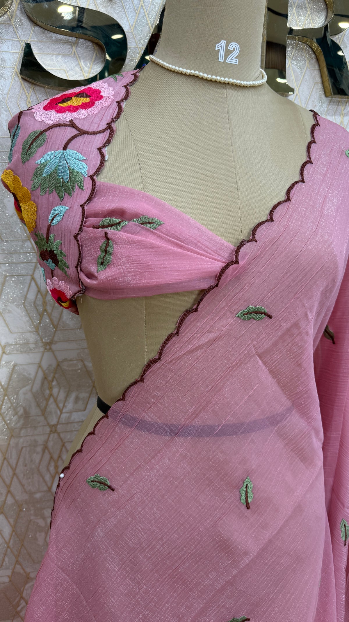 Pink Soft Crush Tissue Sunflower Embroidery Work Saree 301
