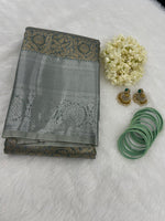 Gold n Bluish Grey Brocade Semi Kanchi Tissue Saree
