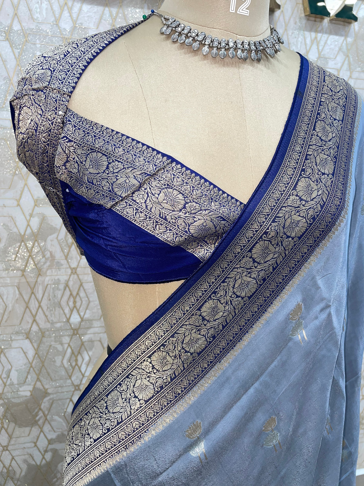 Grey Chinon Banarasi Border Saree 24