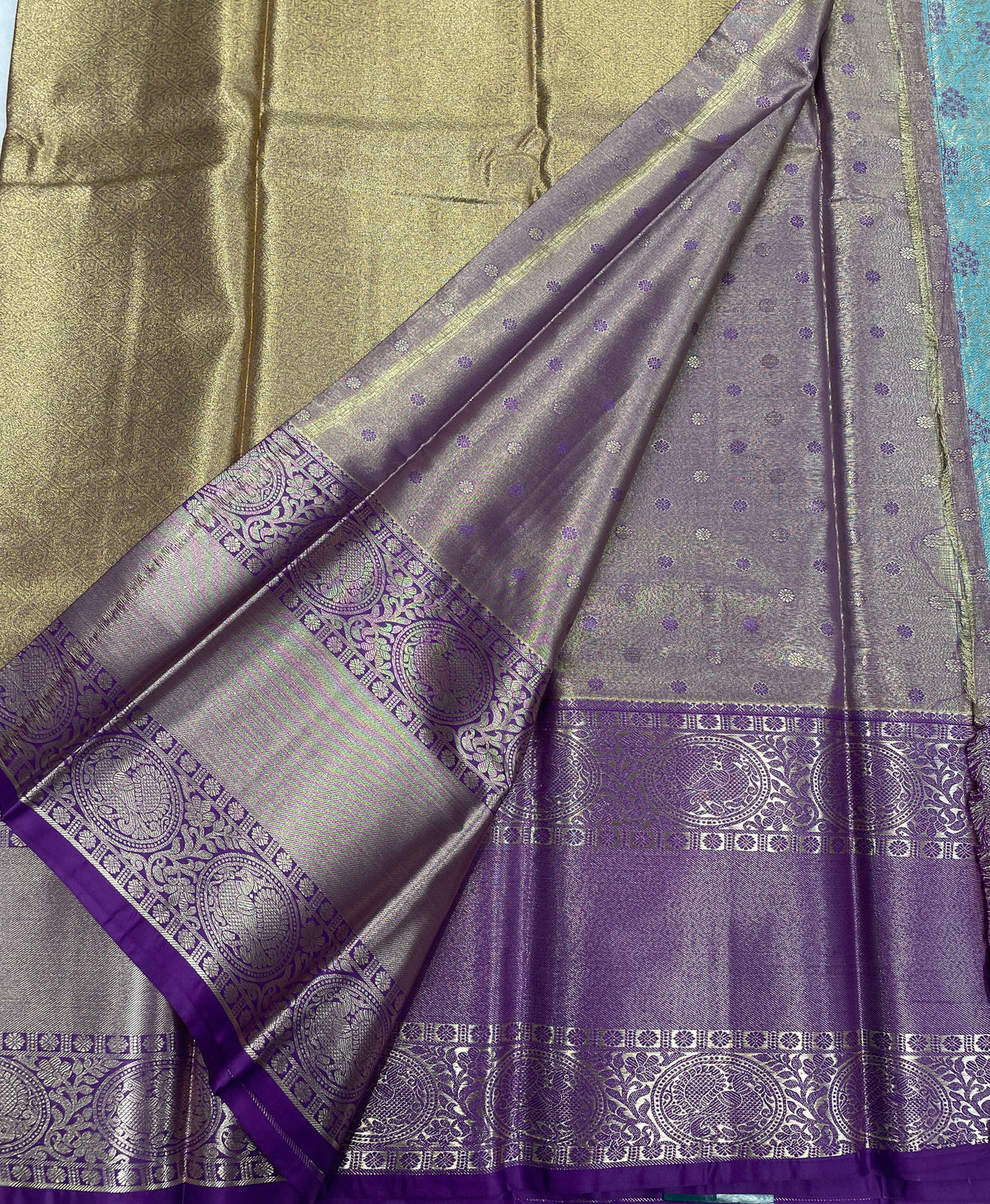 Blue n Purple Brocade Semi Kanchi Tissue Saree