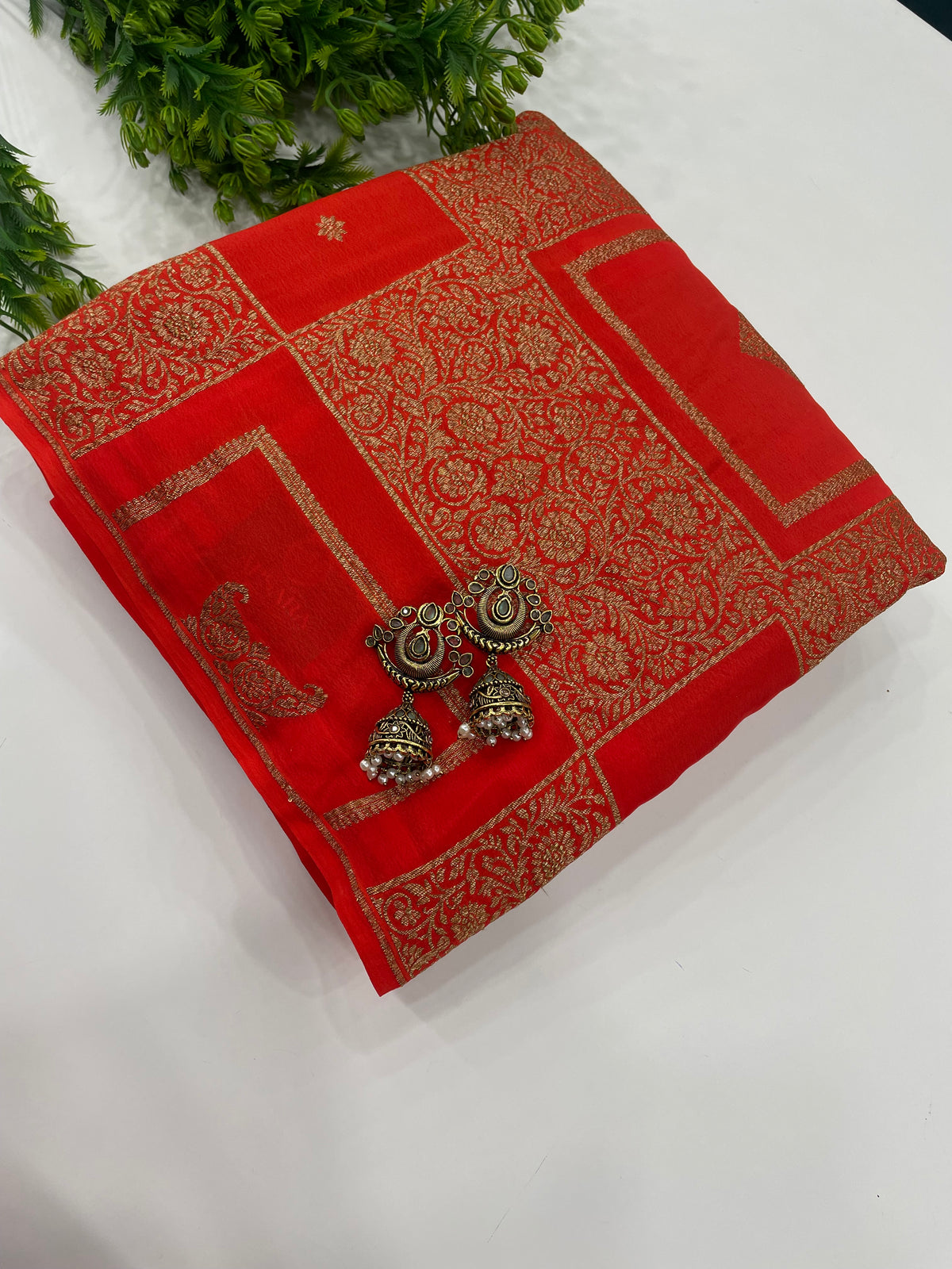 Orange Pure Banarasi Crepe Self Saree 03