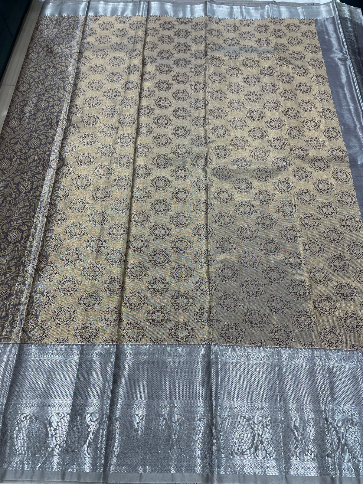 Gold n Grey Brocade Semi Kanchi Tissue Saree