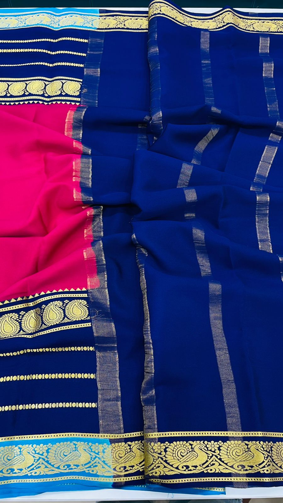 Rani Pink n Dark Blue 3D Pure Mysore Silk Crepe Saree 01
