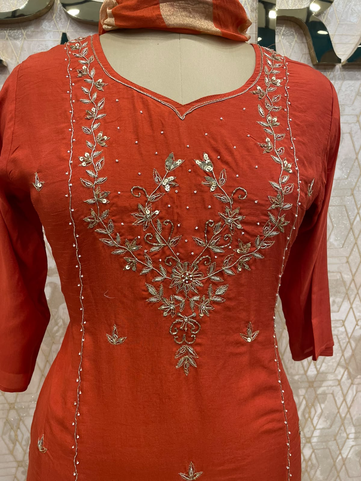 Orange Mul Chanderi Straight Fit Kurtha 112