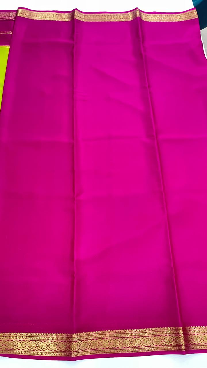 Parrot Green n Pink Pure Mysore Silk Crepe Saree 01