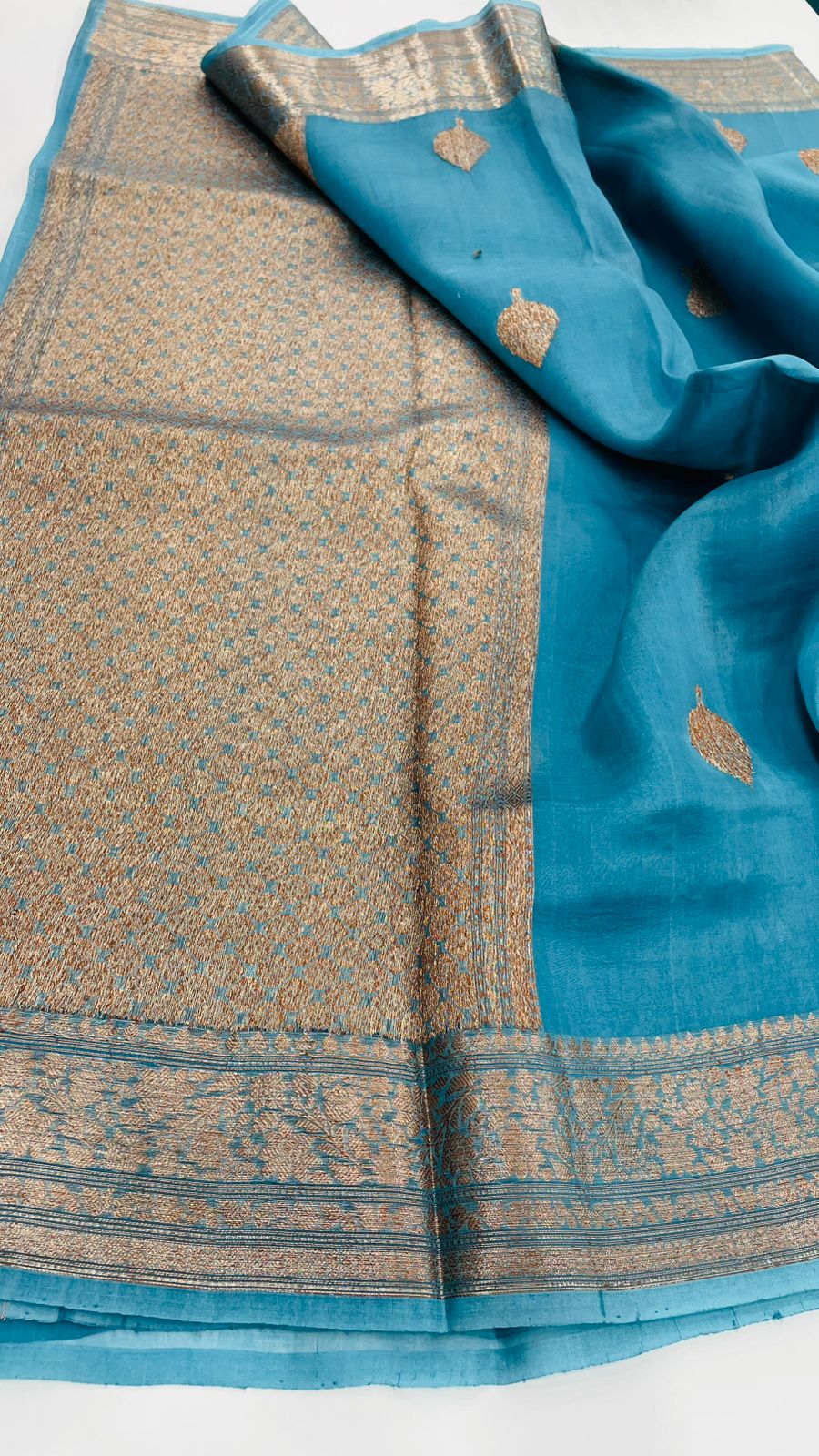 Blue Pure Kora Organza Antique saree 02