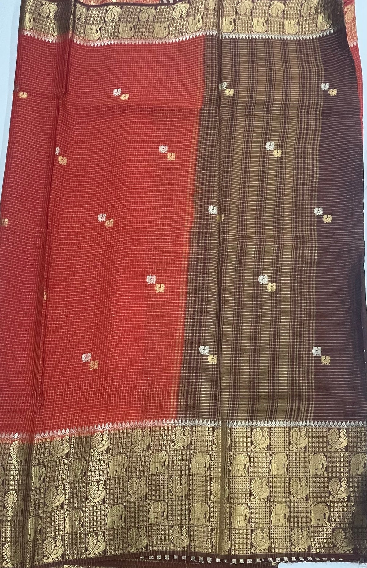 Orange n Brown Checks Cotton Silk Saree 13