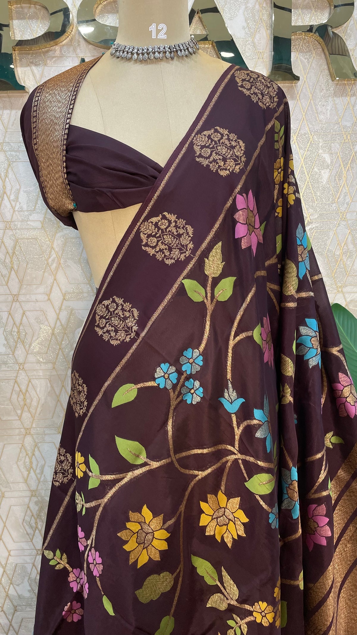 Dark Brown Soft Tussur Floral Saree 63
