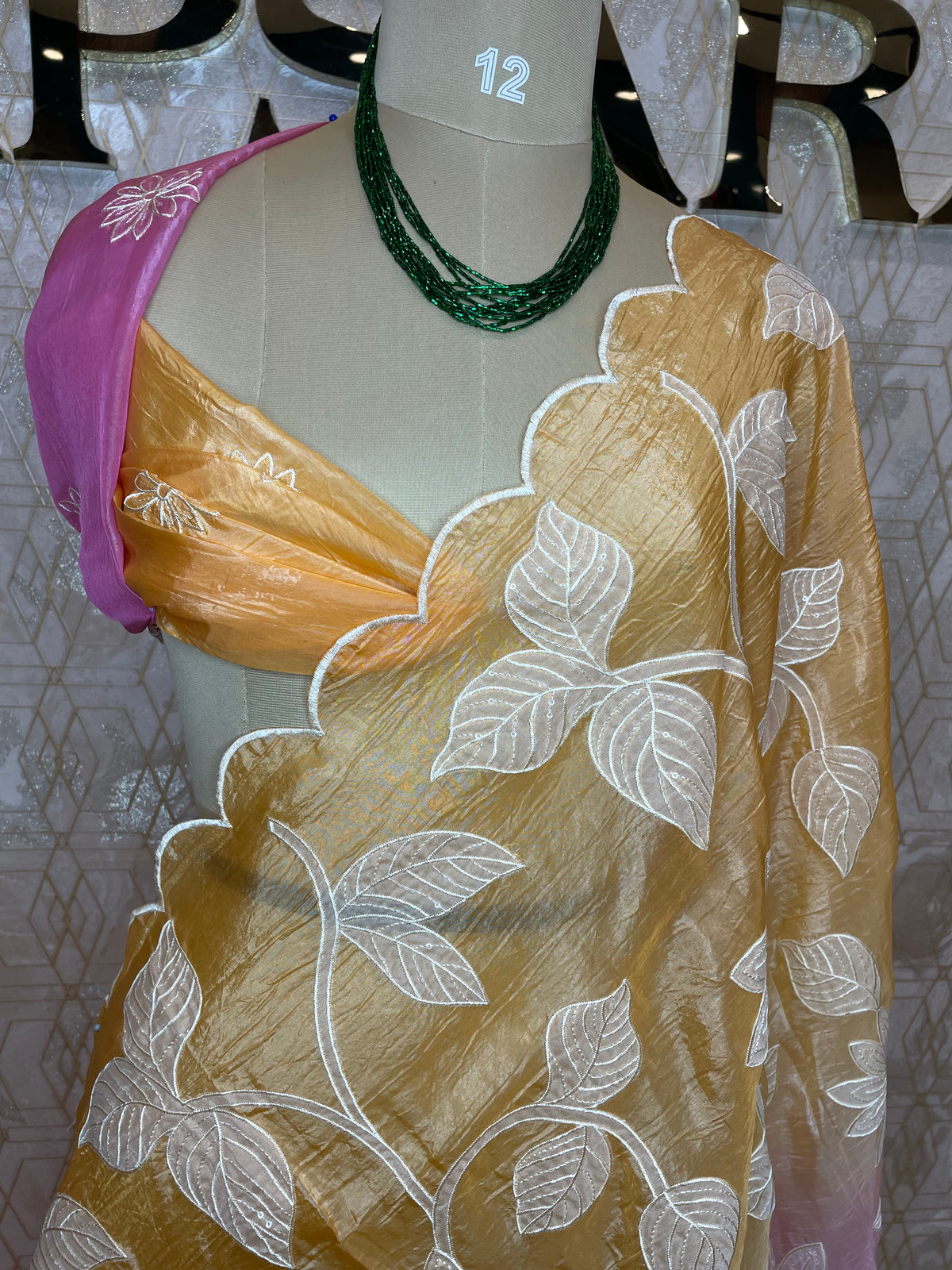 Orange n Pink Organza Applique Work Saree 20