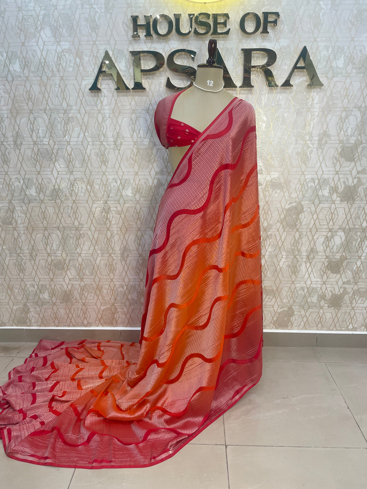 Red n Orange With Silver Zari Semi Chiffon Saree 70