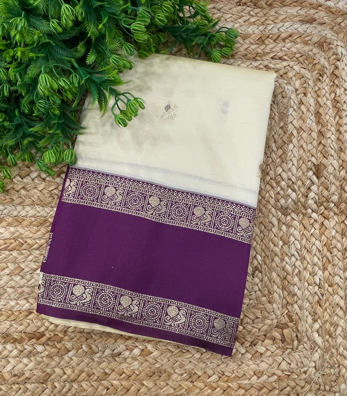 Cream n Purple Semi Silk Saree 42