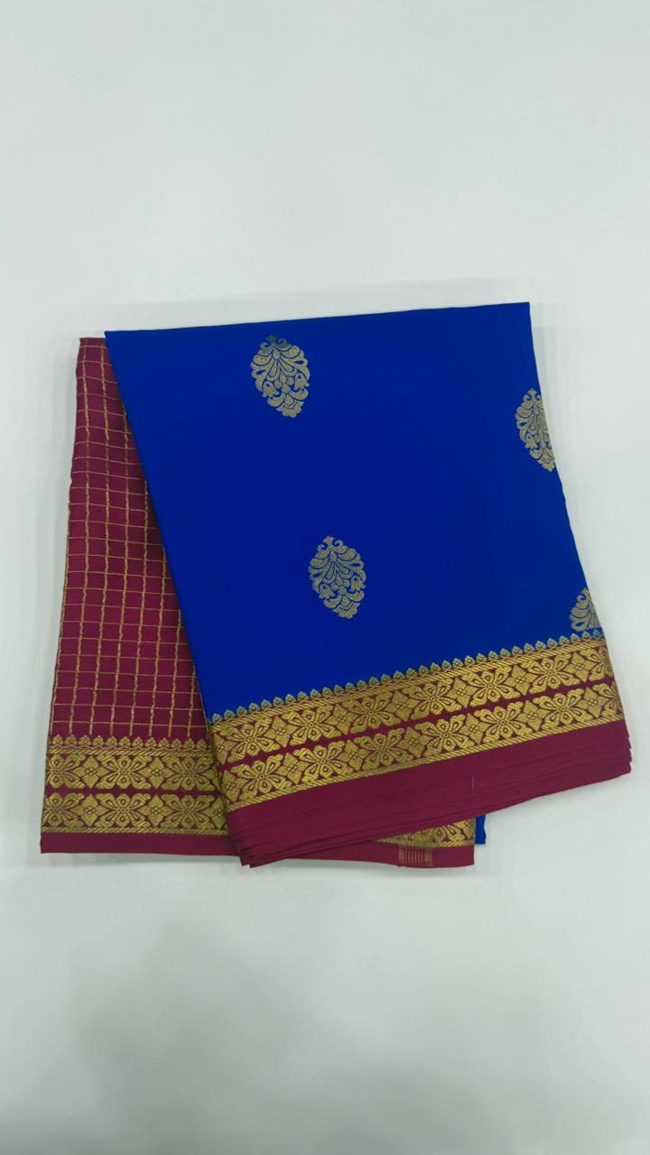 Royal Blue Big Butta Pure Mysore Silk Crepe Saree 01