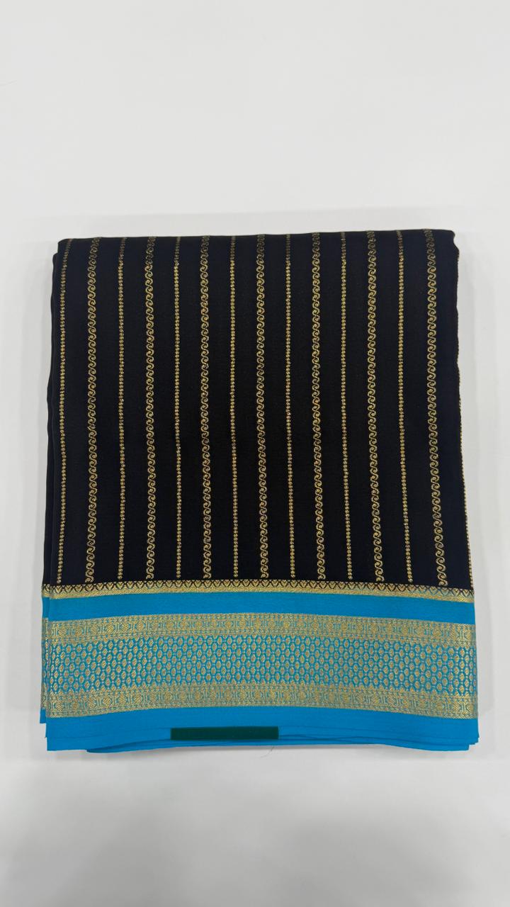 Black Stripes Pure Mysore Silk Crape Saree 01