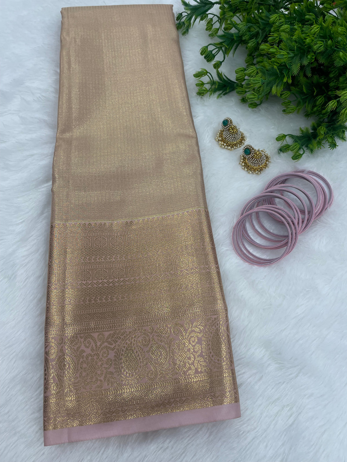 Gold n Pastel Pink Brocade Semi Kanchi Tissue Saree