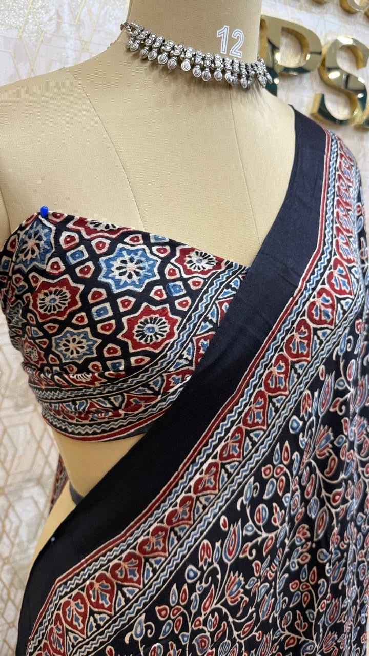 Black Pure Modal Silk Ajrak Print Saree 05