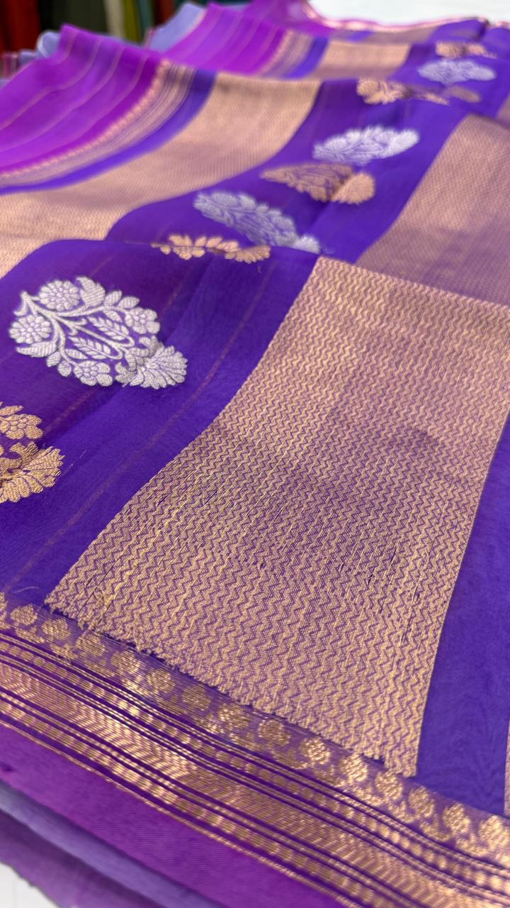 Purple Pure Rangkart Kora Stripes Organza saree 02