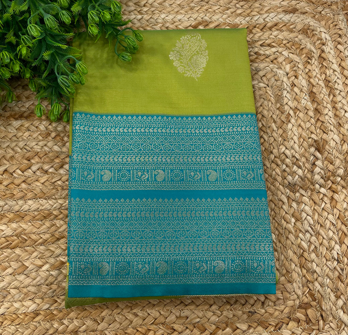Parrot Green n Sea Blue Semi Silk Saree 42