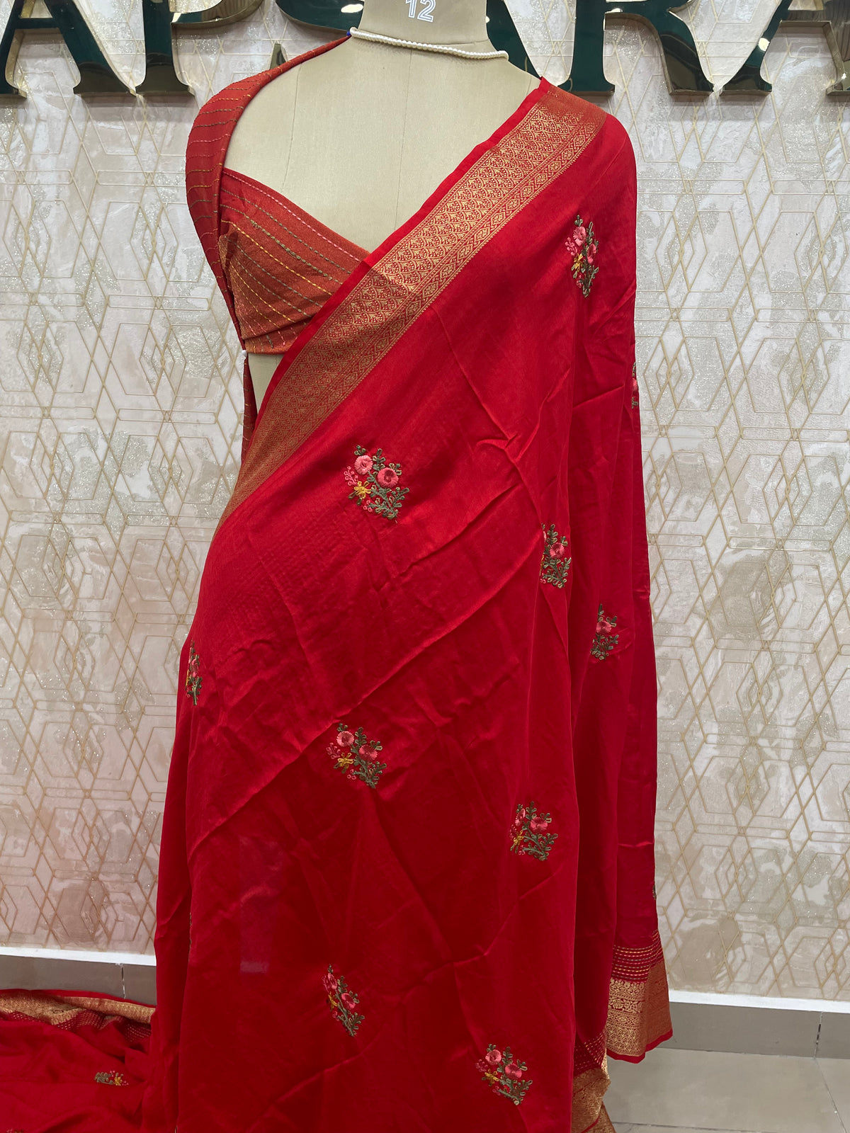 Red Chiniya Crepe Katha Work Saree 29
