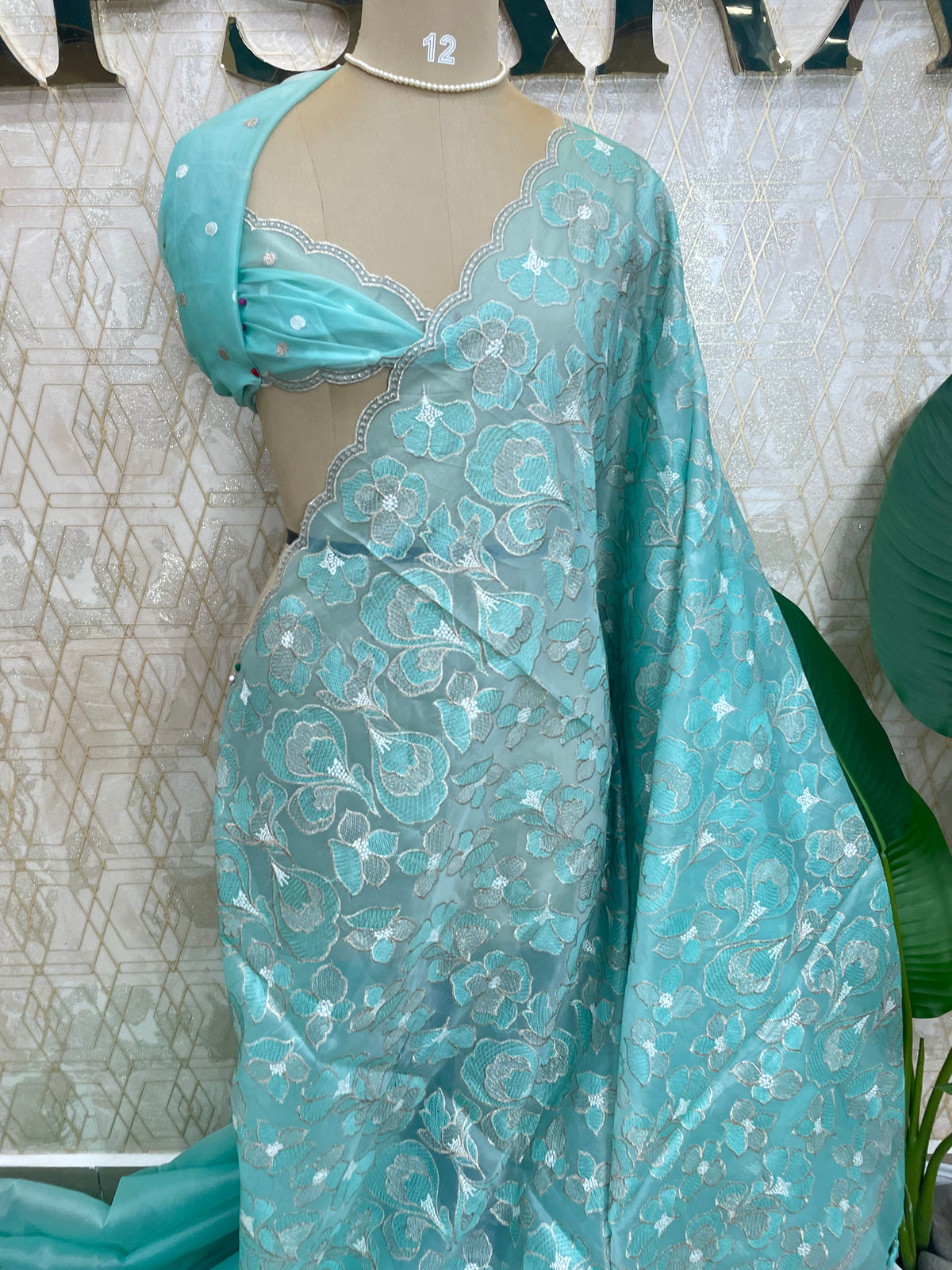 Teal Blue Organza Floral Embroidery Saree 29