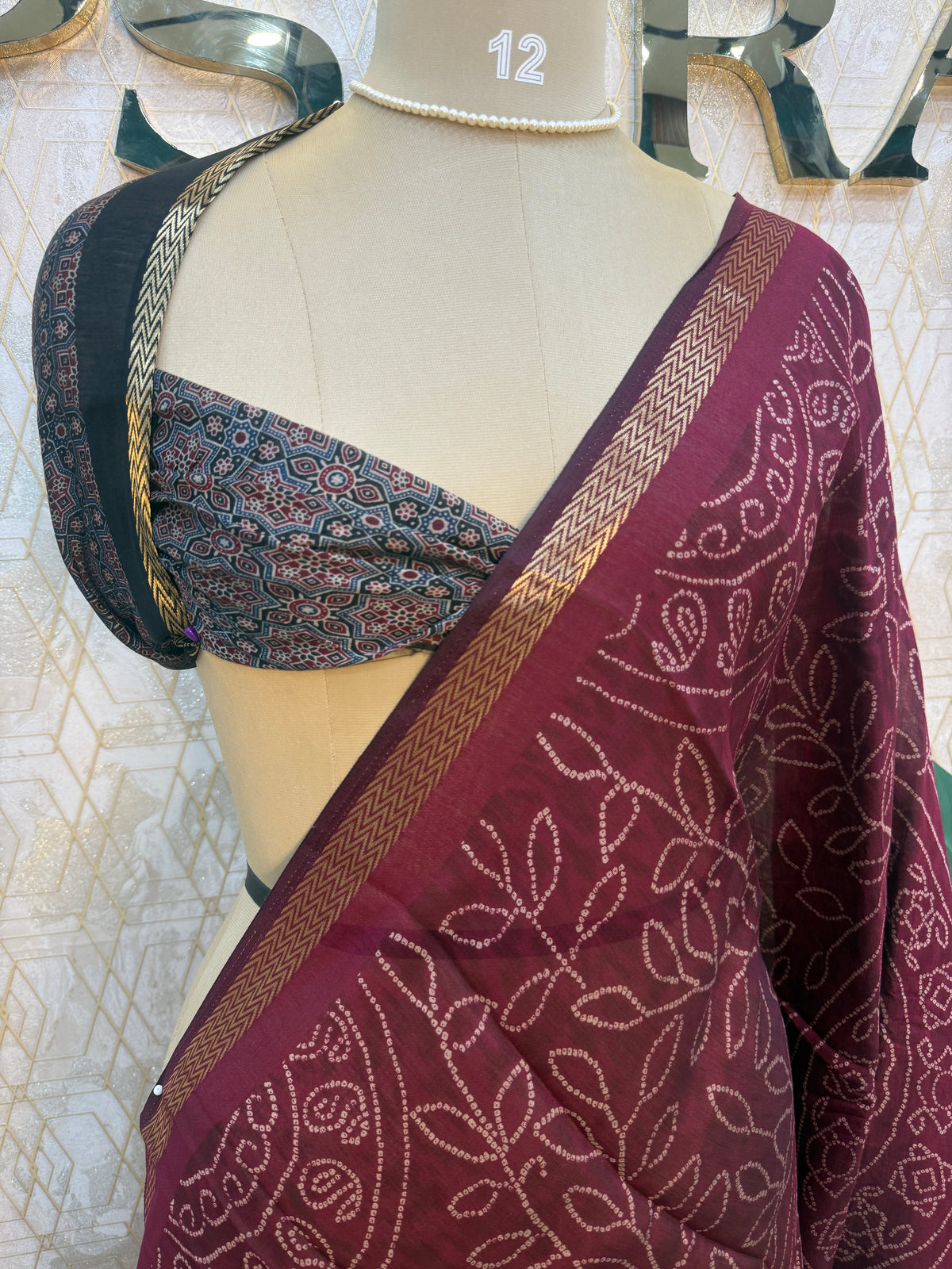 Maroon n Black Bandhini Print Mangalgiri Cotton Silk Saree 13