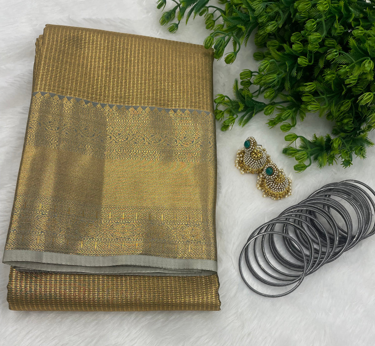 Green n Grey Brocade Semi Kanchi Tissue Saree