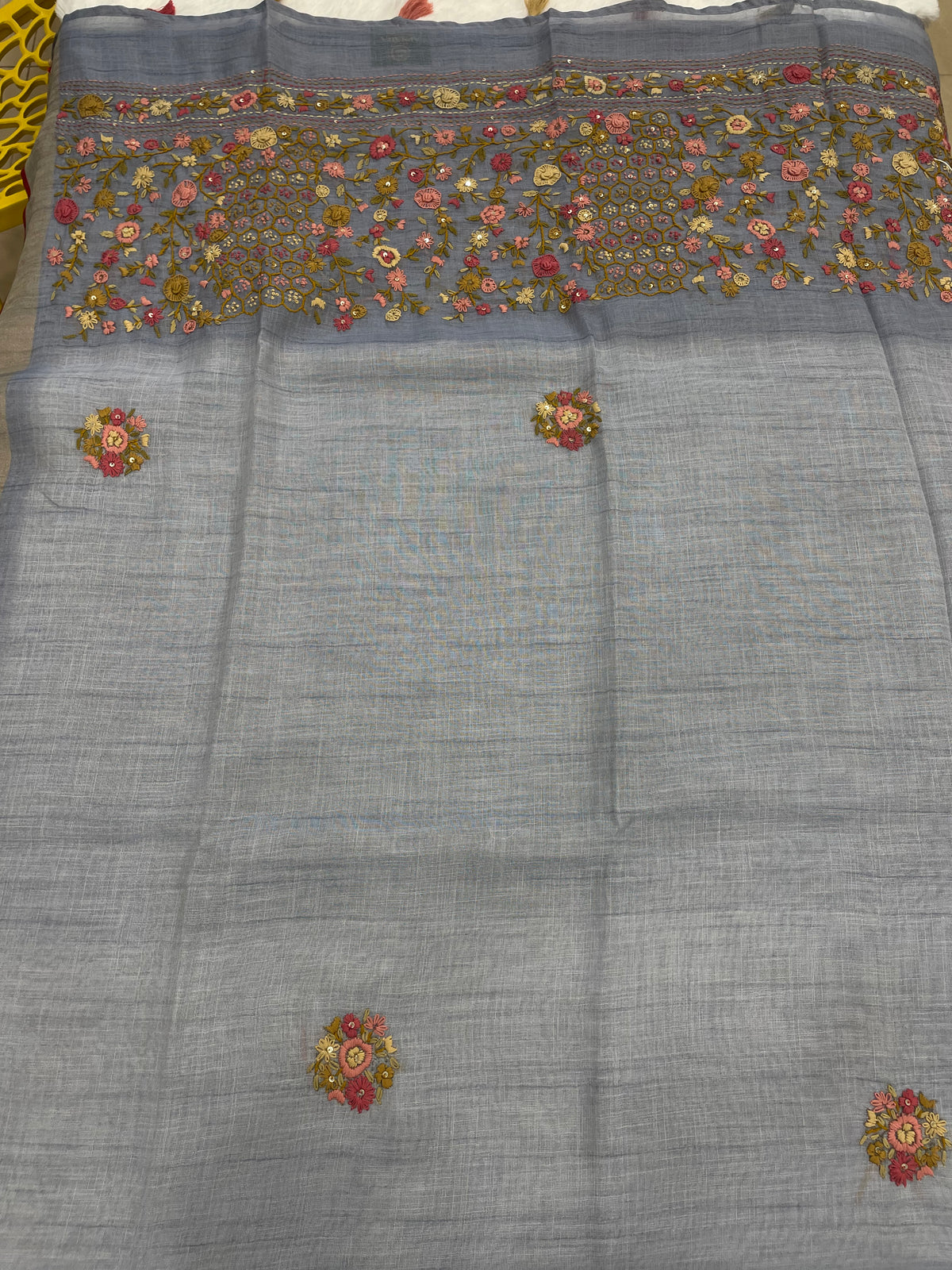 Powder Blue Tissue Linen Knot Work Saree 12