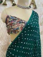 Bottle Green Pure Modal Silk Bandhini With Kalamkari Print Saree 05