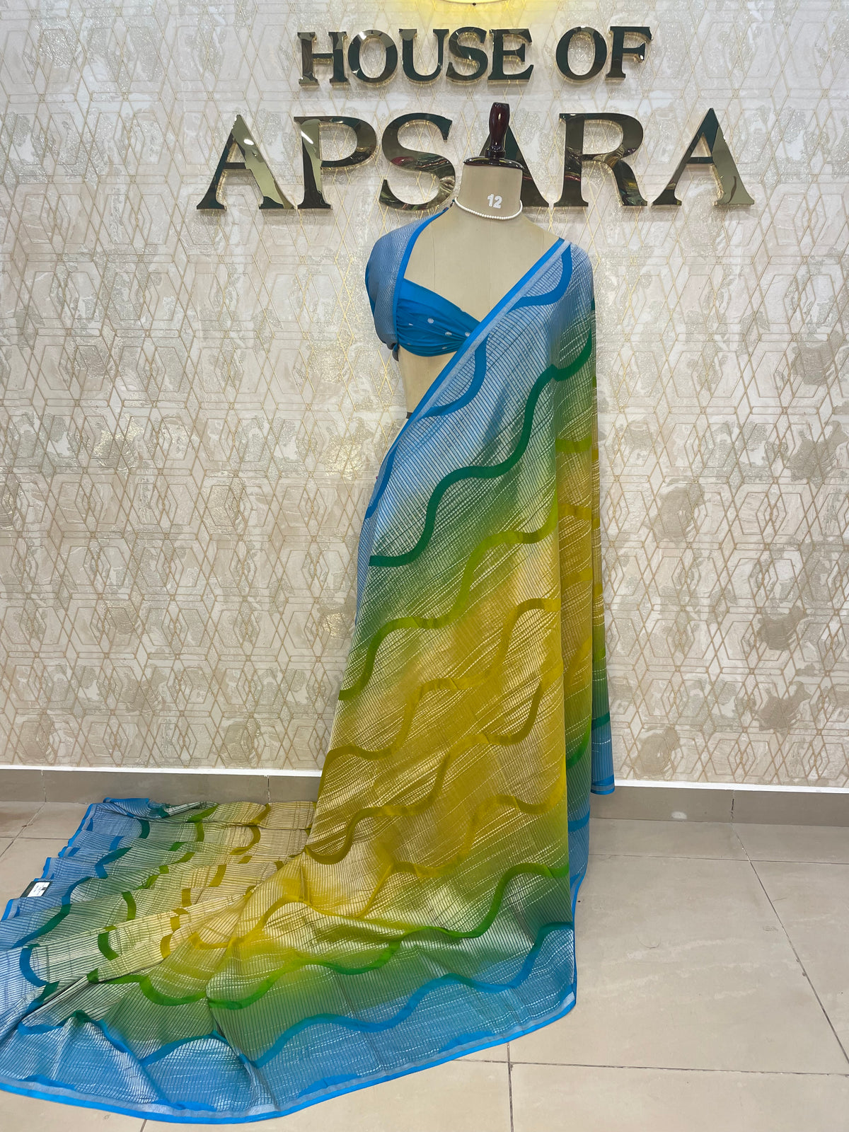 Blue n Yellow With Silver Zari Semi Chiffon Saree 70