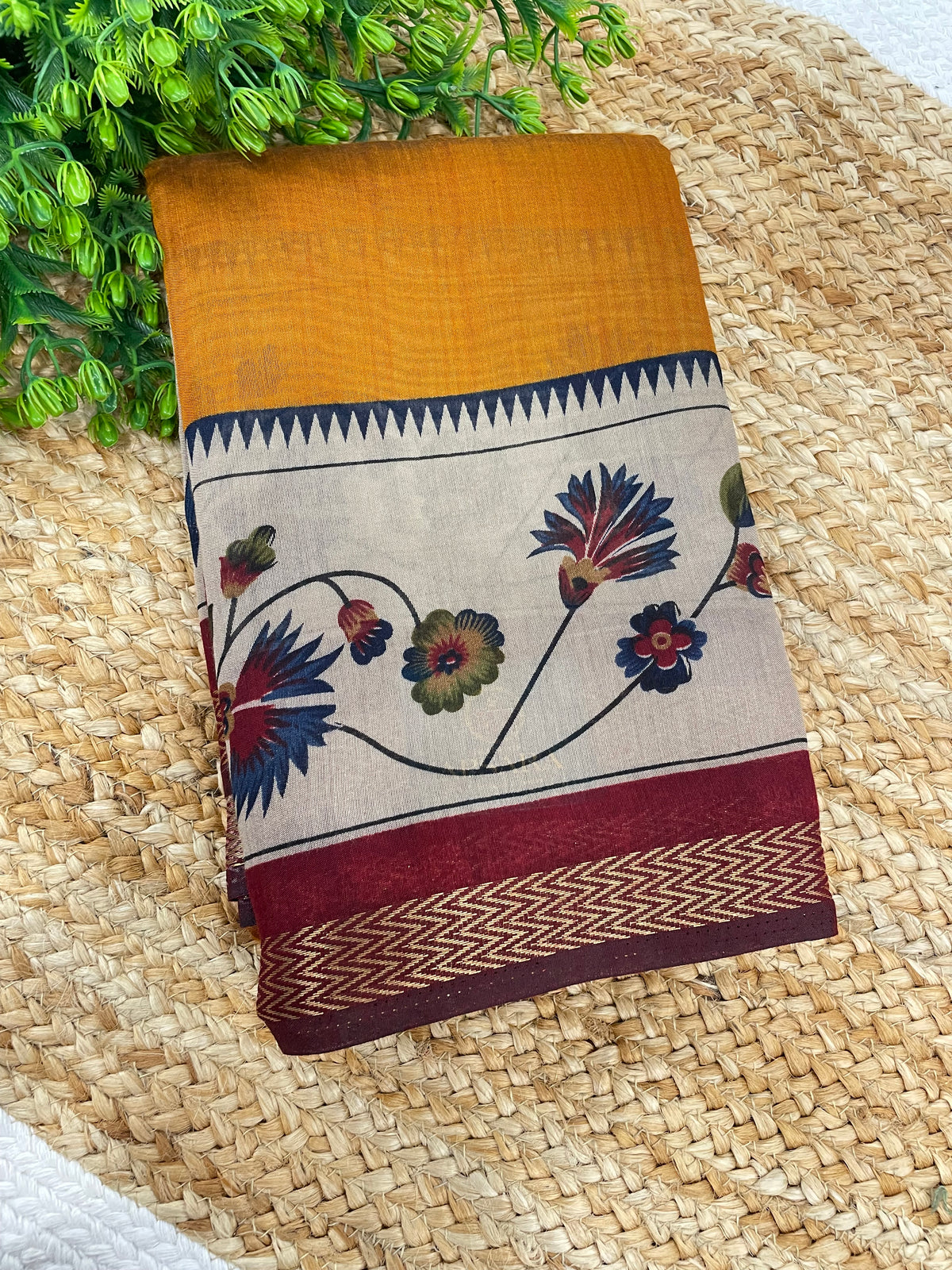 Yellow n Maroon Mangalgiri Cotton Silk Saree 13