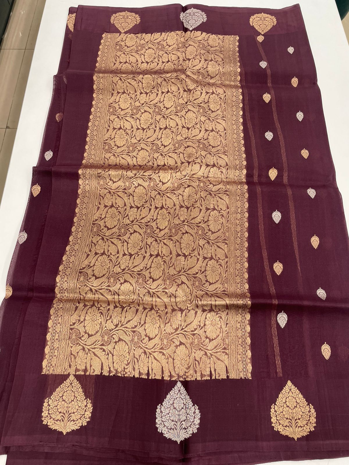 Dark Wine Pure Kora Designer saree 02