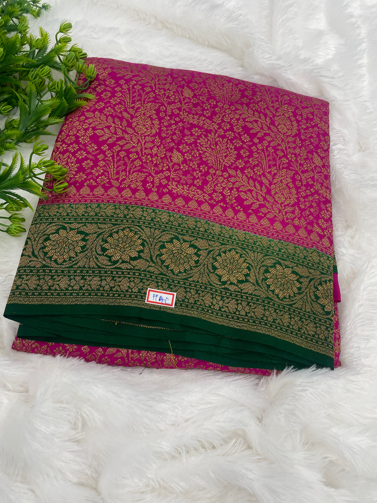Pink n Green Pure Khadi Banarasi Crepe Saree 06