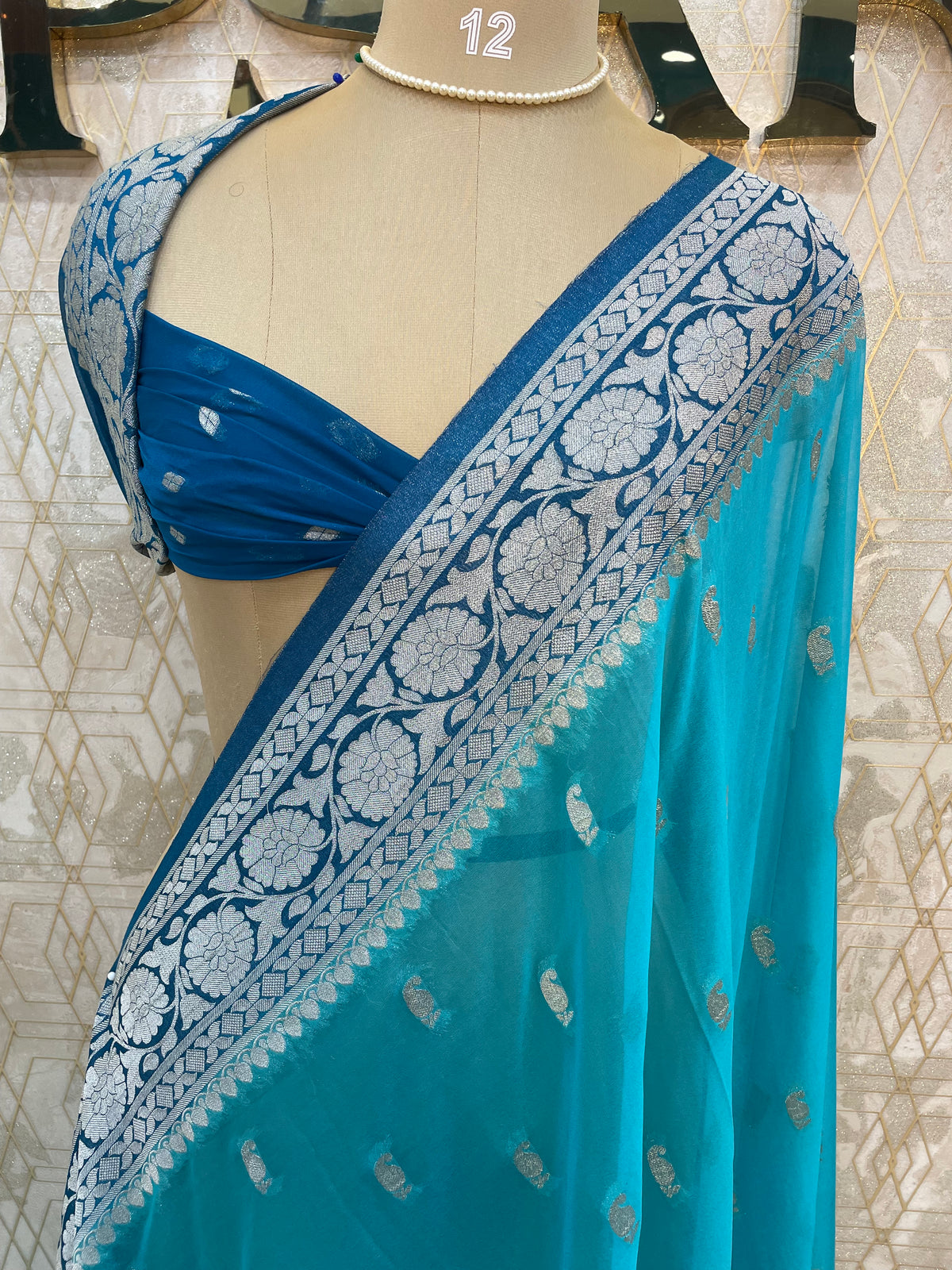 Blue With Silver Zari Semi Chiffon