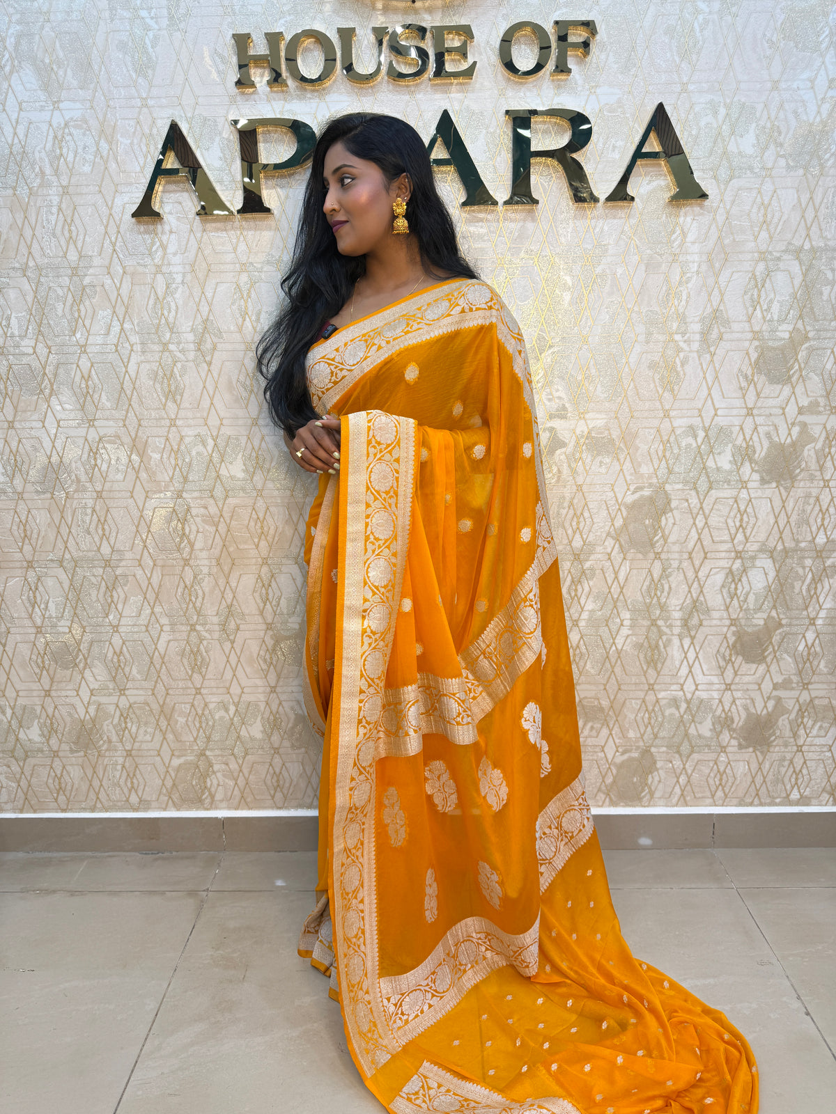 Yellow With Silver Zari Semi Chiffon