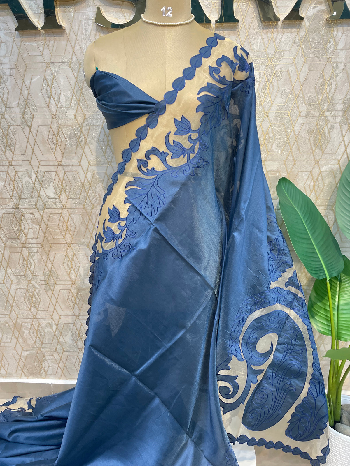 Navy Blue Tissue Aplique Embroidery Saree 29