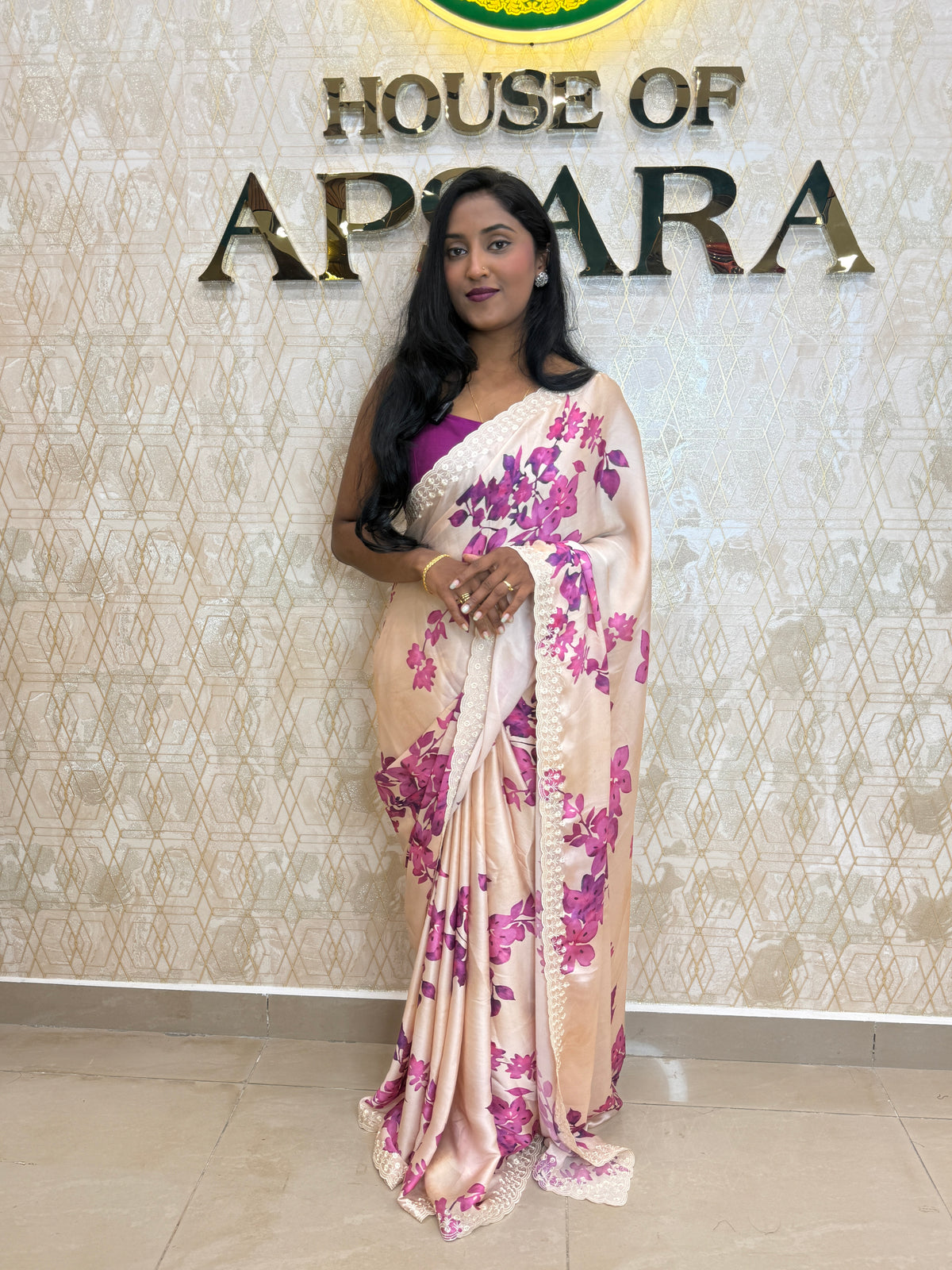 Cream n Pink Satin Digital Print Saree 45