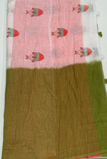 Green n White Lenin Cotton Floral Print Saree 19