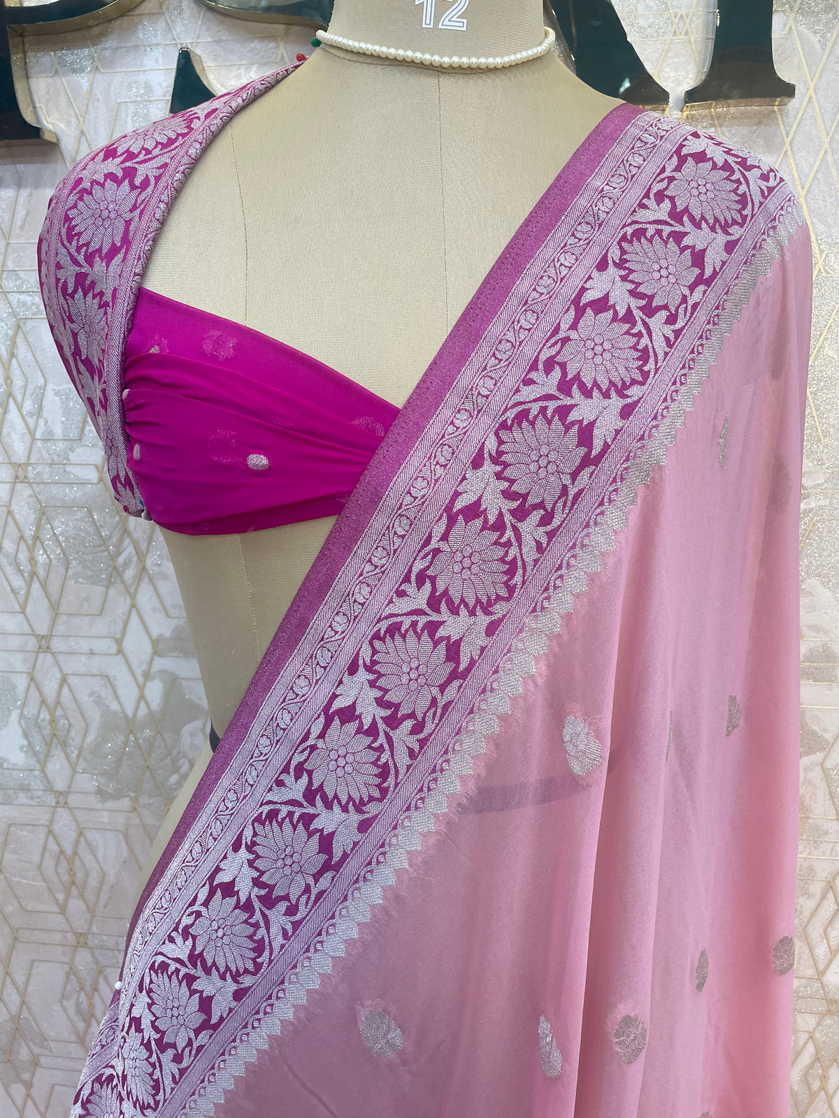 Pink With Silver Zari Semi Chiffon