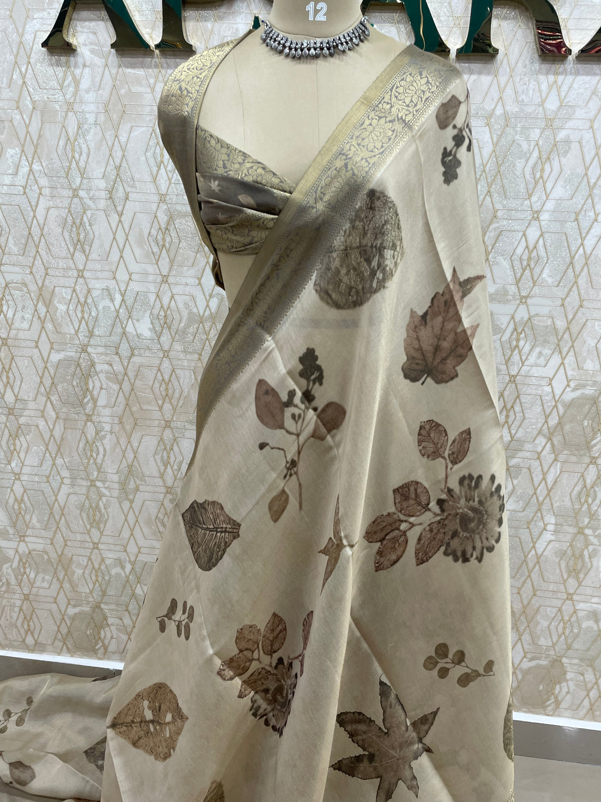 Beige Kanchivaram Tissue Floral Print Saree 35