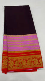 Coffee Brown n Pink 3D Pure Mysore Silk Elephant Border Crepe Saree 01