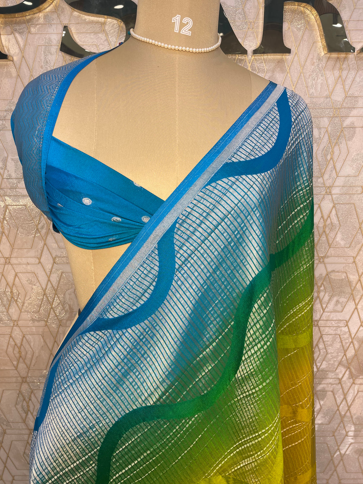 Blue n Yellow With Silver Zari Semi Chiffon Saree 70