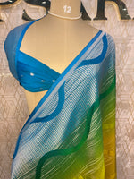 Blue n Yellow With Silver Zari Semi Chiffon Saree 70