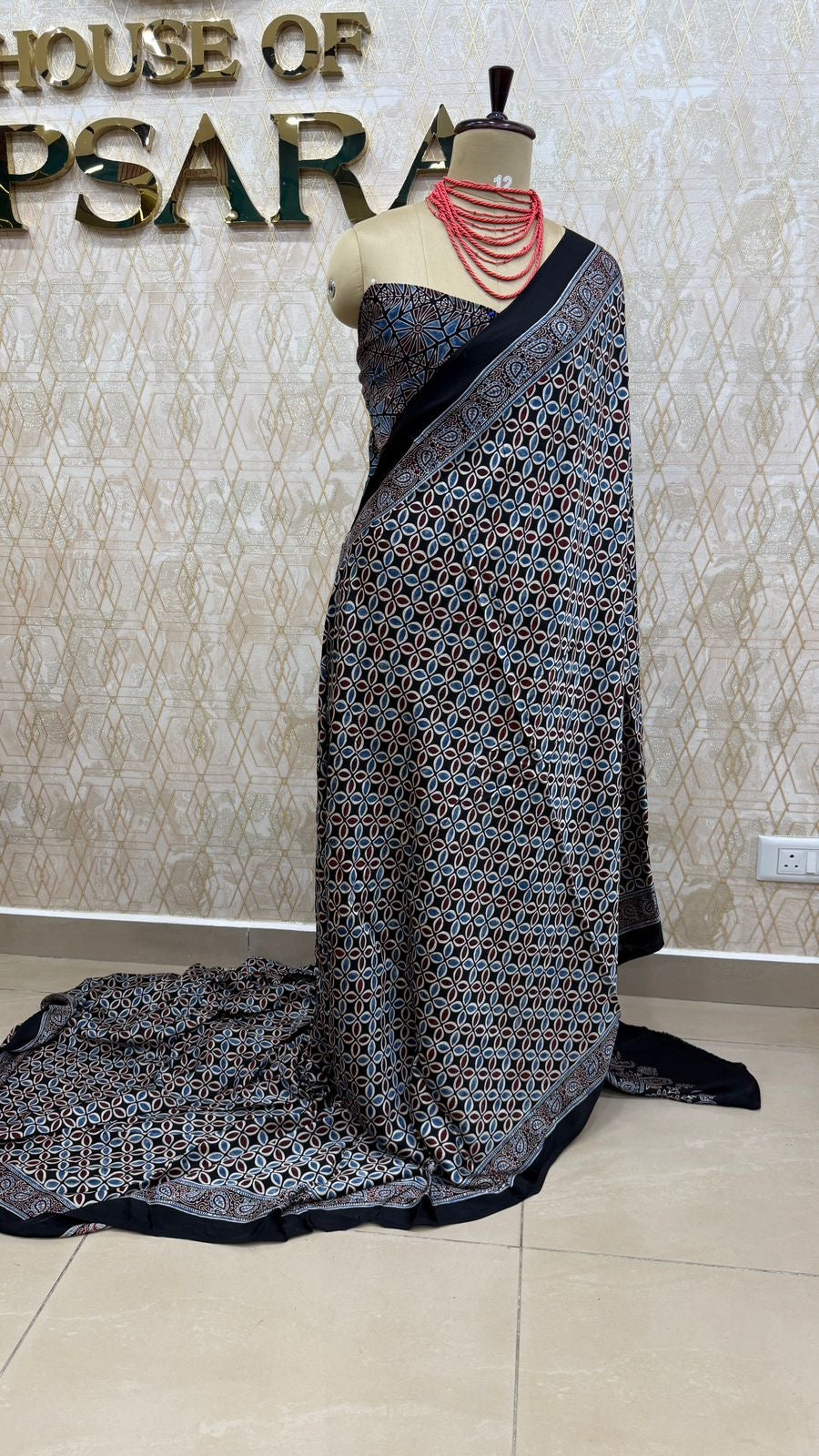 Black n Blue Pure Modal Silk Ajrak Print Saree 05