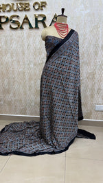 Black n Blue Pure Modal Silk Ajrak Print Saree 05