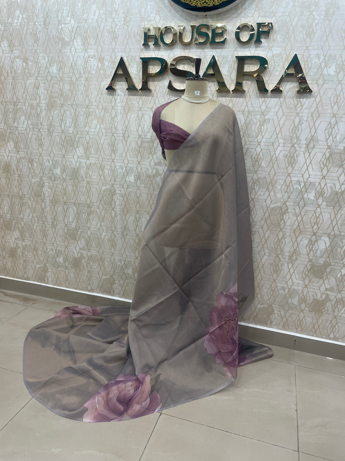 Grey n Wine Tissue Floral Print Saree 35