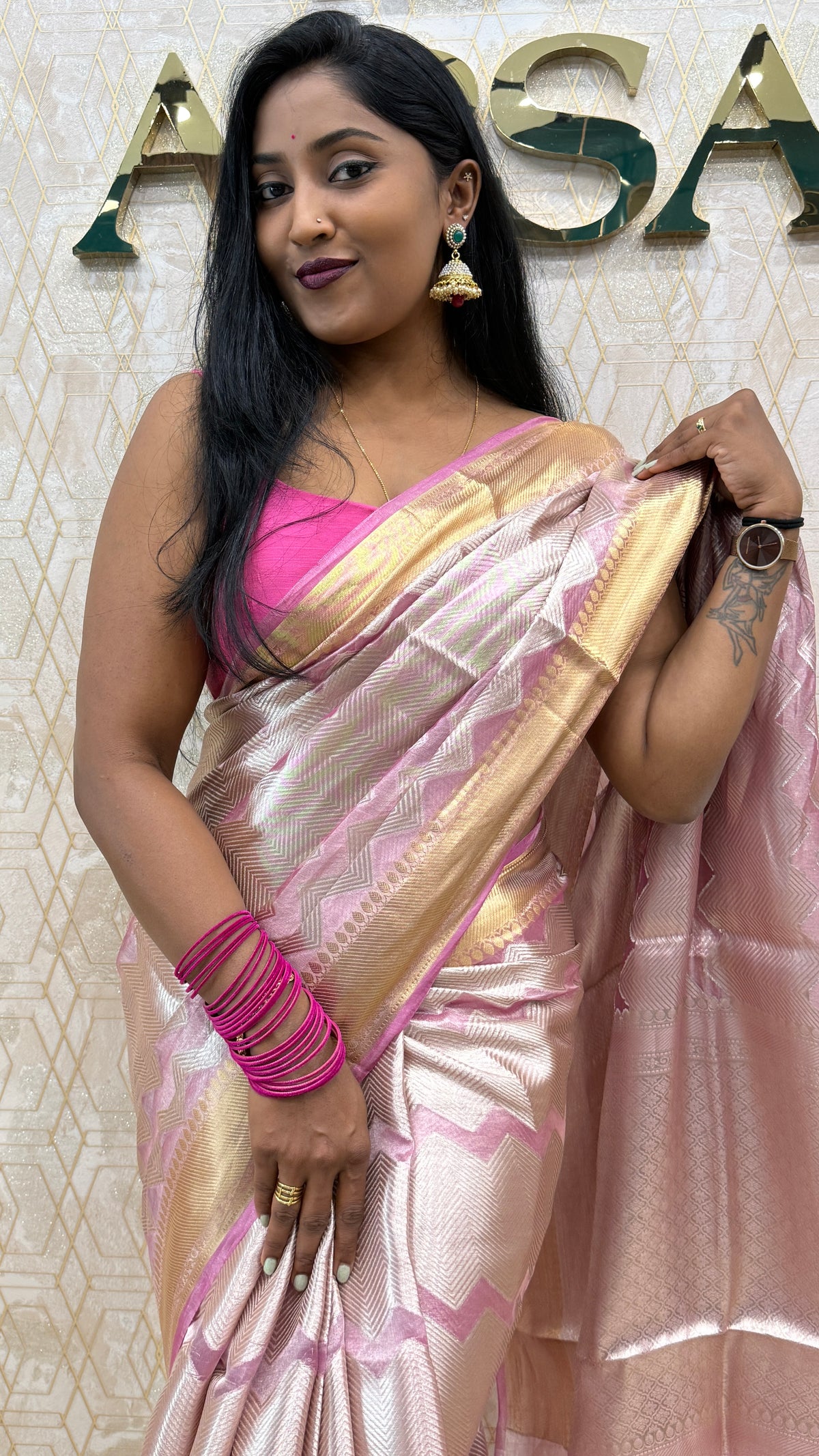 Gold n Pink Pure Tissue Brocade Saree 11