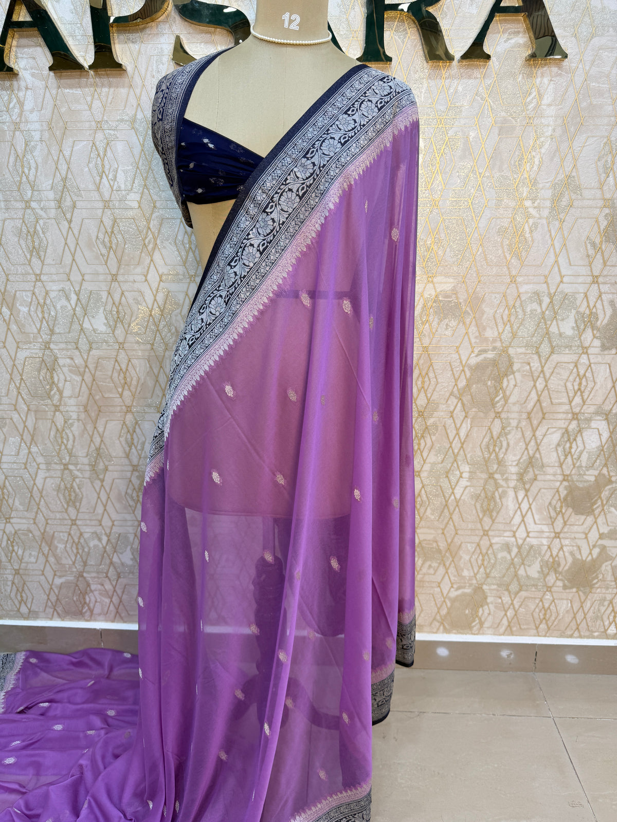 Lilac n Navy Blue With Silver Zari Semi Chiffon
