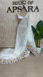 White Soft Crush Tissue Sunflower Embroidery Work Saree 301