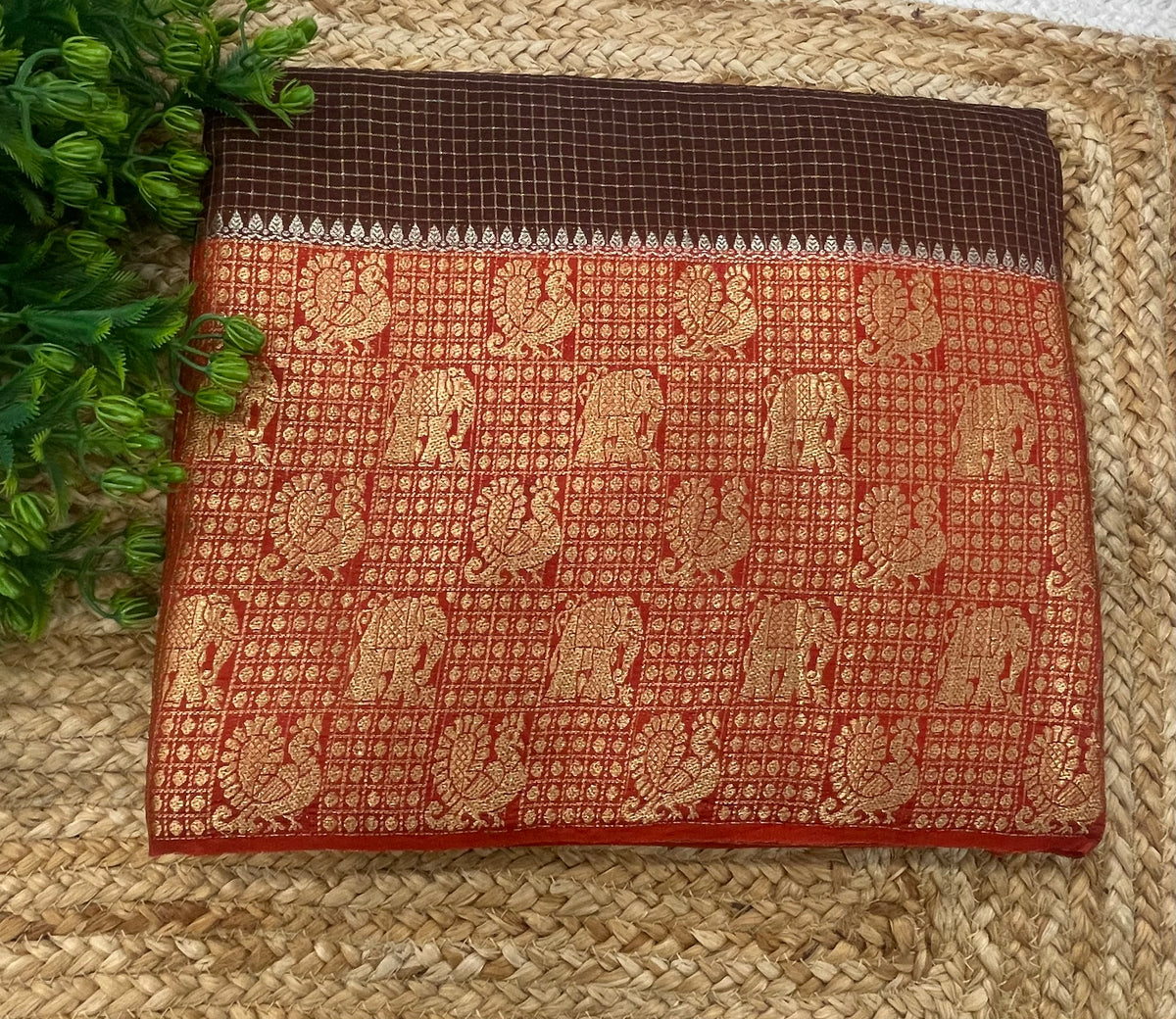 Brown n Orange Checks Cotton Silk Saree 13