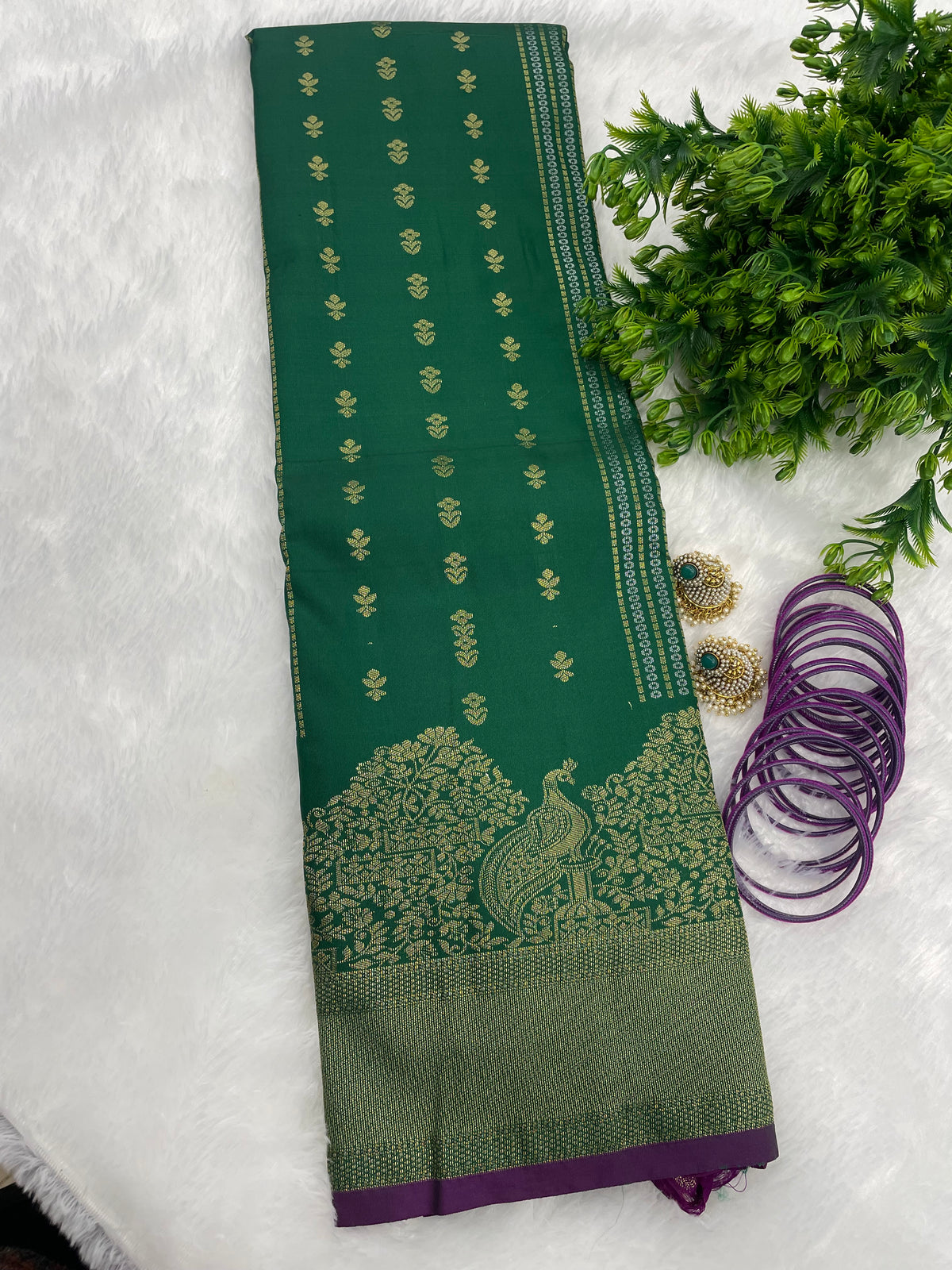 Green n Purple Brocade Semi Kanchi Tissue Saree