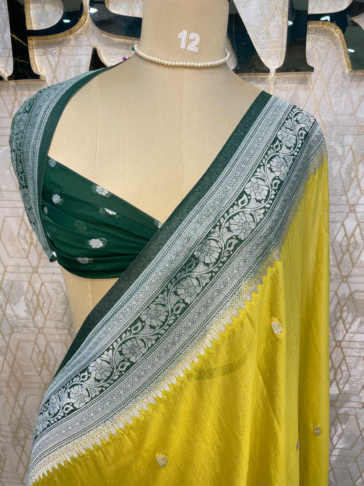 Yellow n Green With Silver Zari Semi Chiffon